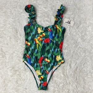 NWT Sporlike Tropical Parrot Print Ruffle Shoulder One Piece Swimsuit S